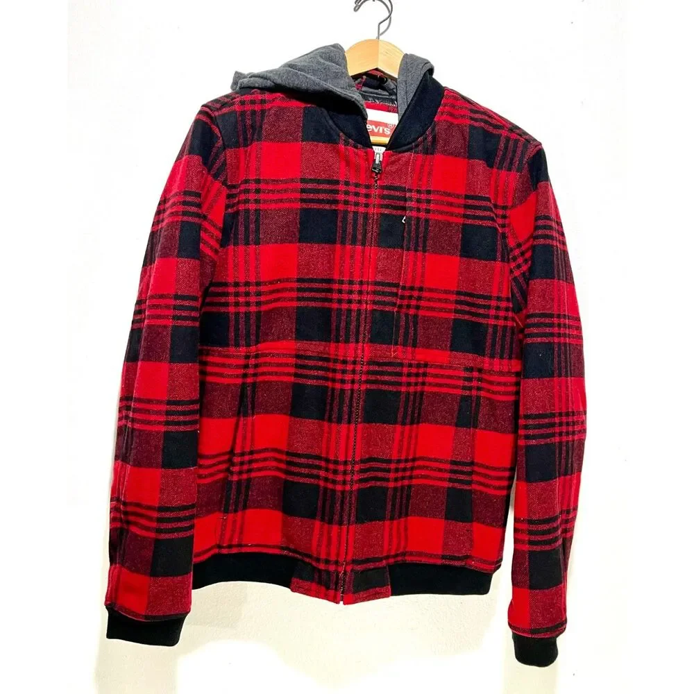 Levi's hooded jacket red plaid fully quilted lined detachable cap winter men's M